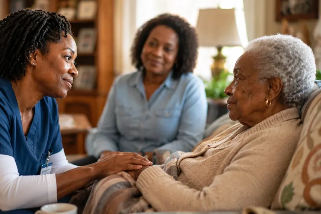 A nurse holding an older woman’s hands at home while a family member looks on